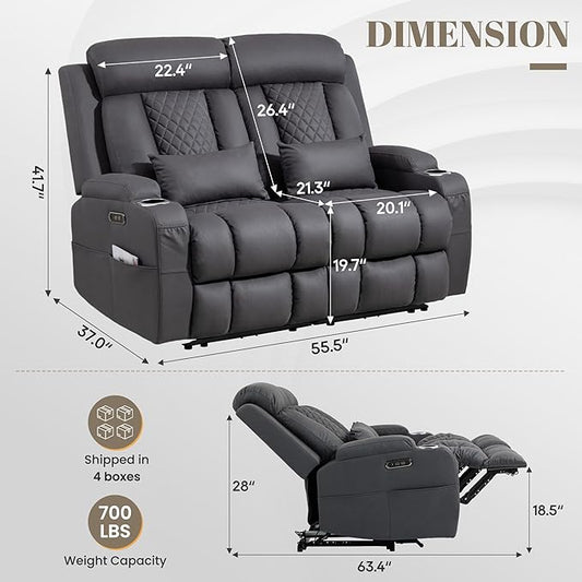 Zero Wall Hugger Power Reclining Loveseat with Adjustable Headrest, Power Loveseat Recliner Sofa with USB&Type-C Ports, Wall Hugger Reclining Loveseat for Living Room (Gray, 2 Seater)