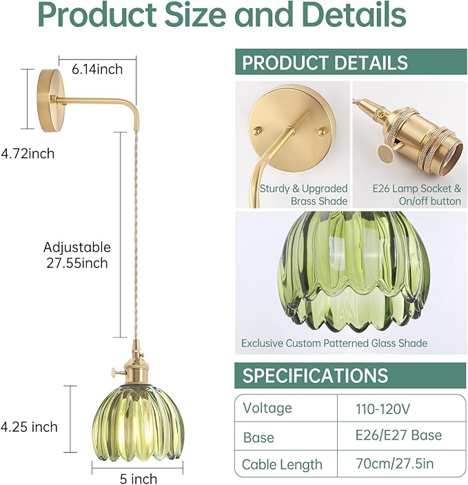 Vintage Wall Sconce Wall Lamp Green Tulip Shade Pattern Glass Adjustable Chain Retro Gold Wall Mounted Light, Wall Lamp Fixtures Decor for Bedside Bedroom Indoor Doorway
