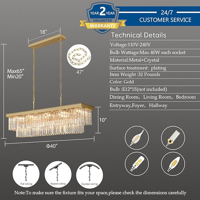 Crystal Chandeliers for Dining Room Light Fixtures Over Table，15-Lights Gold Modern Rectangle Chandeliers for Kitchen Island Bar