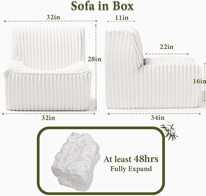 Trenda 32'' Comfy Bedroom Chair for Adult, Boneless Space-Saving Accent Chairs with with Spacious Seating, Soft Faux Fur Cover, Ideal Floor Couch for Living Room,College, Dorm to Reading (White)