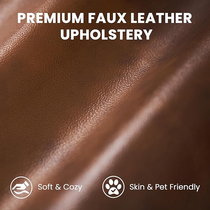 Vesgantti 100" PU Faux Leather Sofa with Movable Ottoman, 3 Seater L Shaped Leather Sectional Couch with Side Pocket, Comfy Mid Century Modern Modular Couch for Living Room, Apartment, Cocoa