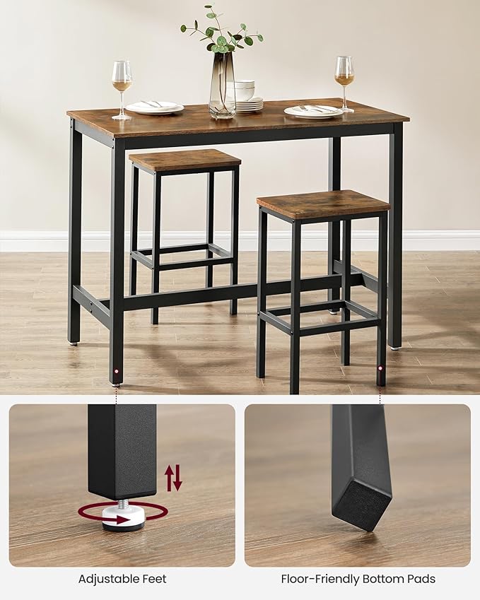 VASAGLE Bar Table and Chairs Set, Rectangular Table with 2 Stools, Dining Pub Set for 2, Space Saving for Kitchen Breakfast, Living Room, Party Room, Rustic Brown and Black ULBT15X