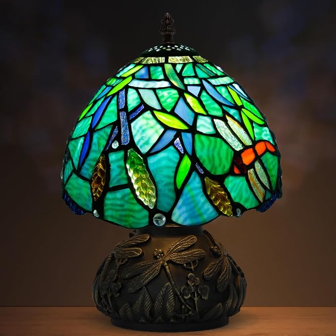 JHuiLap Small Tiffany Stained Glass Lamp, 3 Color Temperatures Bedside Lamp, 8 Inch Mushroom Desk Light for Bedroom Living Room Office Home Decor (Wheat Pattern)