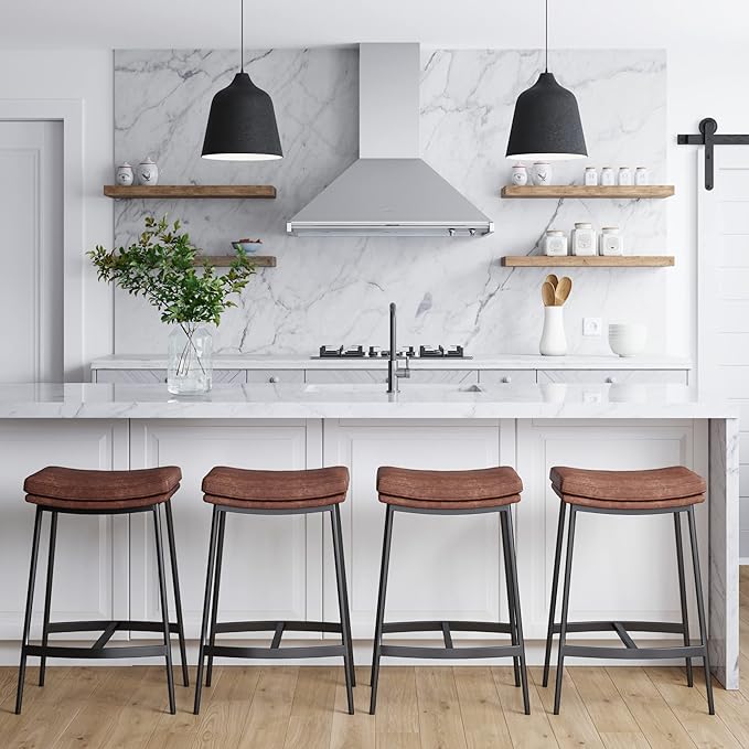 Arlo Modern Backless Upholstered Kitchen Counter Bar Stool with Double-Layered Saddle Seat and Black Metal Base, Brown/Matte Black, Set of 4