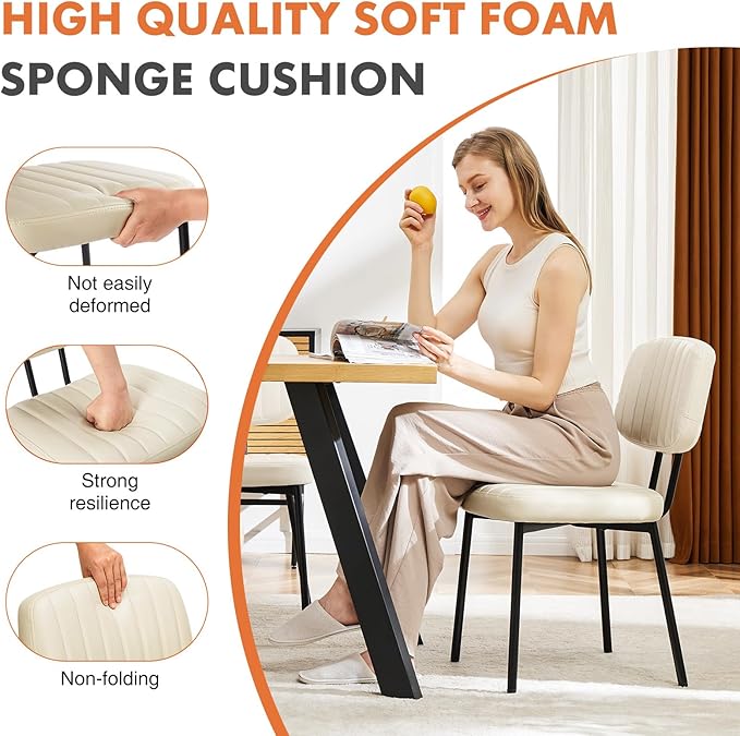 Sweetcrispy Dining Chairs Set of 4, Upholstered Mid Century Modern Kitchen Dining Room Accent Chairs with Faux Leather Cushion Seat & Metal Legs for Kitchen, Living Room - Beige White