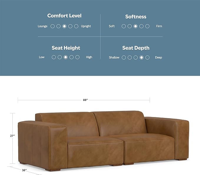 SIMPLIHOME Rex 2-Seater Modular Sofa in Full-Grain Genuine Leather, Caramel Brown, 88-inches Wide, Handcrafted Leather Loveseat Sofa for Living Room