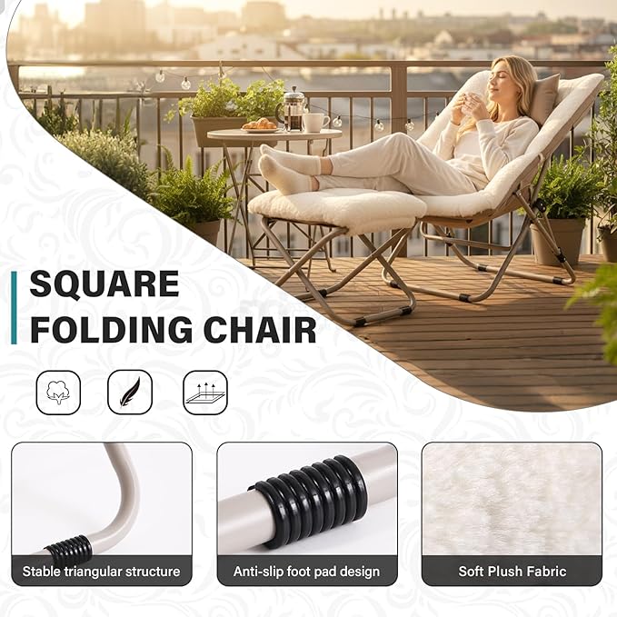 Tiita Folded Chair with Straight Ottoman, Soft Faux Fur Oversized Folding Accent Chair,Lazy Chair, Metal Frame Moon Chair for Bedroom, Living Room, Dorm Rooms, Garden and Courtyard, Beige