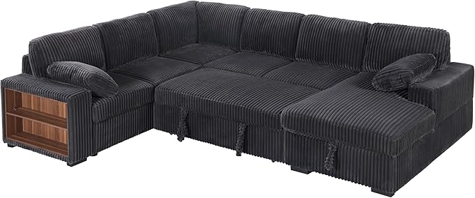 ERYE Oversized U-Shaped Pull Out Sleeper Couch Bed, Modern U Shaped Sleeper Sectional Sofa Corduroy Corner Convertible Sofa Bed with Storage Chaise Lounge and Cabinet