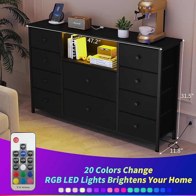 NONGSHIM Dresser with Charging Station and LED Lights, Long Dressers for Bedroom Dresser TV Stand with 10 Drawers, Fabric Chest of Drawers with PU Finish, Wide Dressers Storage Organizer, Black