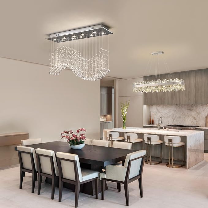 Siljoy 10 Lights Rectangle Wave Raindrop Crystal Chandelier Modern Rectangular Flush Mount Crystal Ceiling Light for Dining Room Living Room Kitchen Island L40'' x W11.8'' x H35.4''