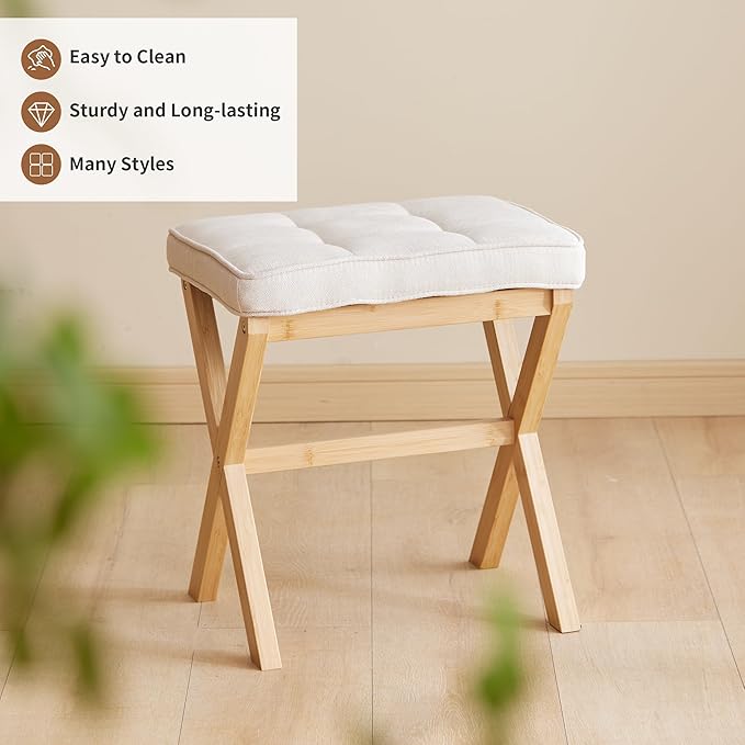 FILWH Foot Stool Small Ottoman Foot Rest Padded Foot Stool Desk for Under Office Desk Vanity Stool Bamboo Footstool Sofa Footrest Shoe Stool Small Foot Stools (Natural Legs + Beige)