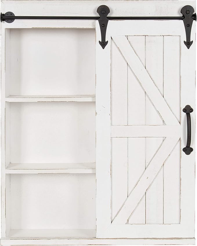 Kate and Laurel Cates Decorative Wood Wall Storage Cabinet with Rectangle Mirror and Sliding Barn Door, 22 x 28, Rustic White, Farmhouse Decor for Wall Storage