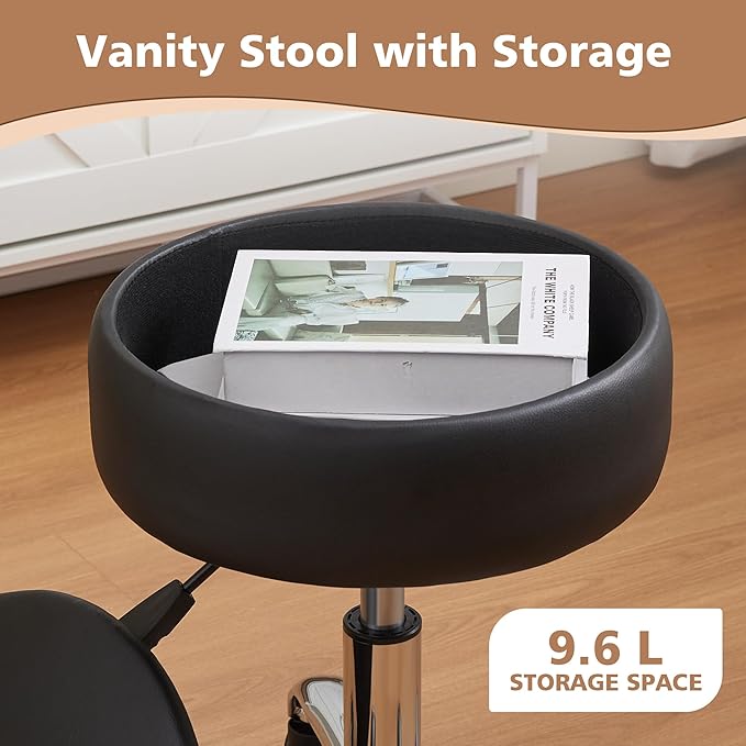 Adjustable Vanity Stool with Storage Rolling Vanity Chair with Wheels Swivel Vanity Stool Chair for Vanity Makeup Stool Black