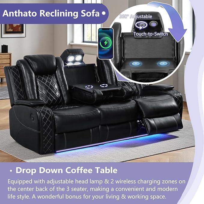 Power Reclining Sofa Set, Living Room Furniture Sets, Leather Power Recliner Sofa & Chair Set with Charging/Storage/LED, Breathing Leather Reclining Couch for Home Theater/Office, 3+1, Black