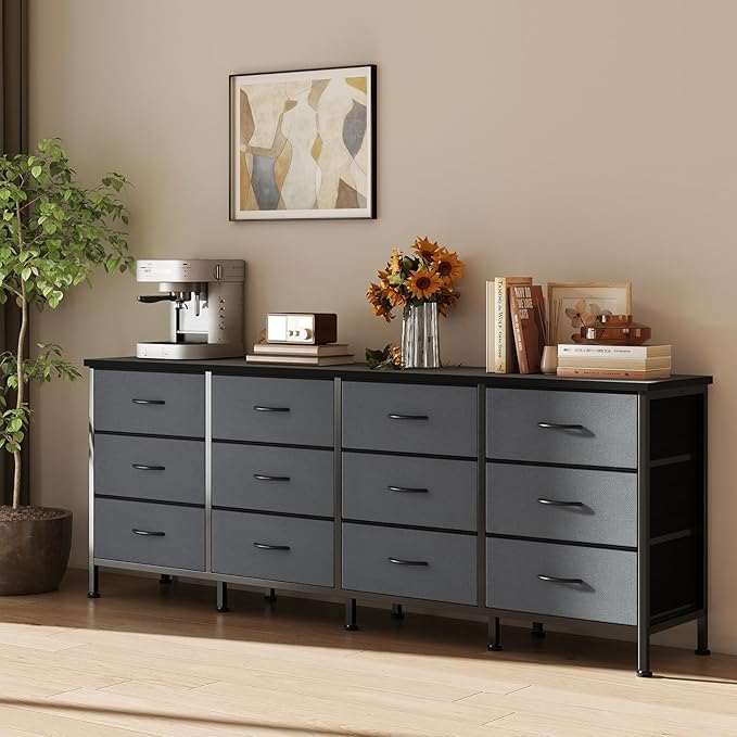 DUMOS TV Stand for Bedroom with Storage TV Stands for Living Room Grey, 12 Drawer Dresser Farmhouse Entertainment Center for up to 80 Inch TVs, Media Console Table with Metal Frame Adjustable Feet