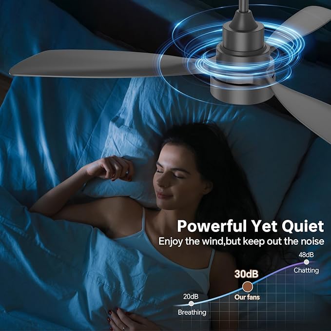 CACI Mall 48 inch Smart Ceiling Fans with Lights, Black, Low Profile, Modern, 3 Blades, Solid Wood, Remote Control, Work with Alexa/Google, Outdoor Indoor Ceiling Fans for Patio Living Room Bedroom
