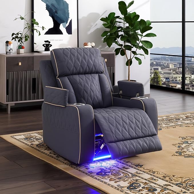 Power Leather Reclining Sofa Chair with LED Light for Adults,Single Recliner with USB Port/Storage,Leather Couch for Living Room Furniture Sets/RV Car/Home Theater/Office(1 Seat,Matte Navy)