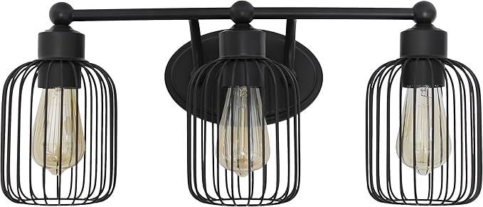 Elegant Designs VT1022-BLK 22" Industrial Farmhouse 3 Light Metal Birdcage Decorative Wall Mounted Vanity Fixture with Matching Metal Oval Backplate, Black