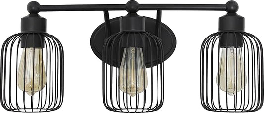 Elegant Designs VT1022-BLK 22" Industrial Farmhouse 3 Light Metal Birdcage Decorative Wall Mounted Vanity Fixture with Matching Metal Oval Backplate, Black