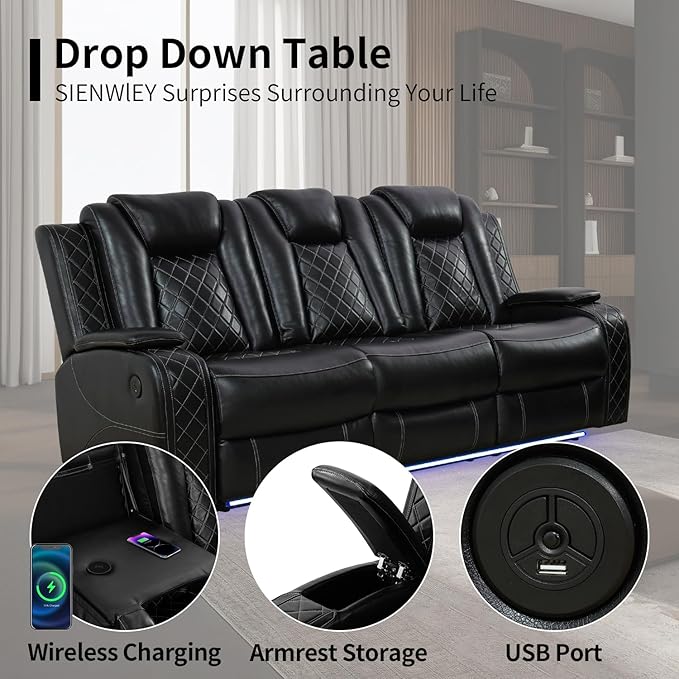 Power Leather Recliner Sofa with LED Light,84" Double Reclining Couch with Drop Down Table/USB Port/Storage Armrest,3 Seater Leather Couch for Living Room Furniture(Black,3 Seater Sofa)