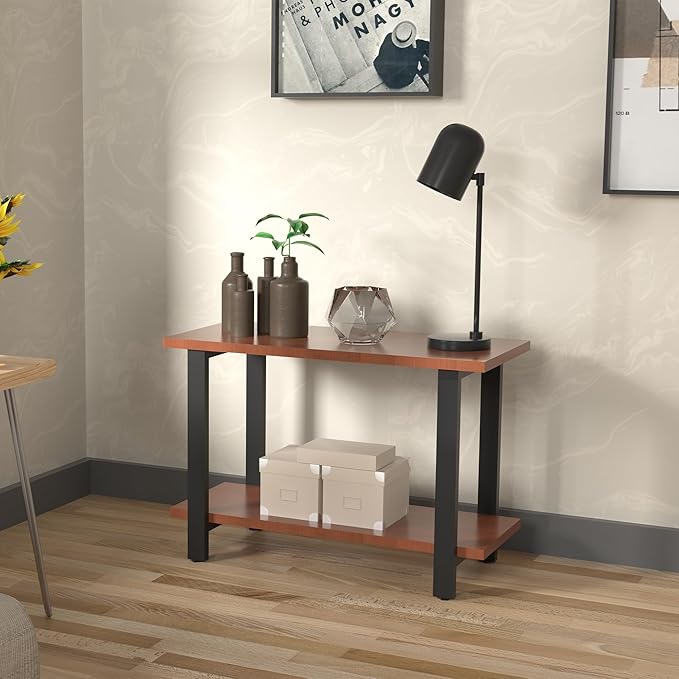 CONSDAN 2-Tier Bookshelf, USA Grown Solid Poplar Hardwood Sofa Table, Display Shelf, Industrial Bookshelf, Narrow Console Table for Entryway, Living Room, Hallway