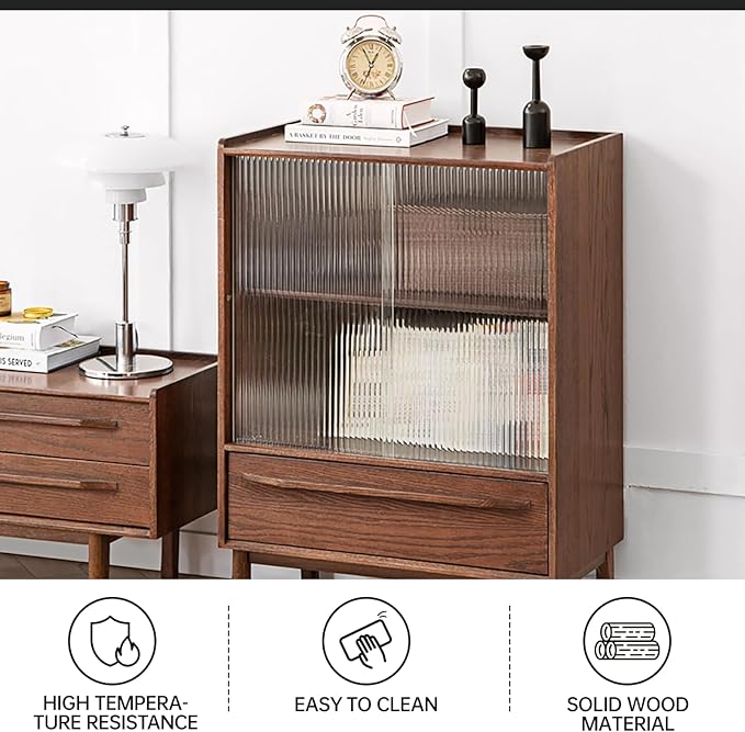 100% Solid Wood Storage Cabinet with Glass Doors and Drawers, Buffet Cabinet with Drawers, Display Sideboard for Living Room, Home Office, Dining Room (Walnut, 25.59" D x 13.78" W x 35.4" H)