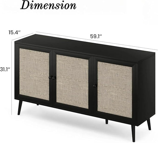 FONTOI Rattan Entryway Table, Entertainment Center with Adjustable Shelf, Sideboard Buffet Cabinet with 3 Rattan Doors, Modern Console Cabinet with Large Storage for Living Room, Kitchen, Black