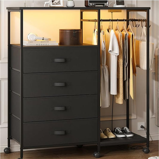 Dresser for Bedroom with Clothes Rack, 4 Drawers Dresser with Charging Station and LED Lights, Storage Chest of Drawers with Wheels, Wooden Top, for Closet, Living Room, Hallway, Black