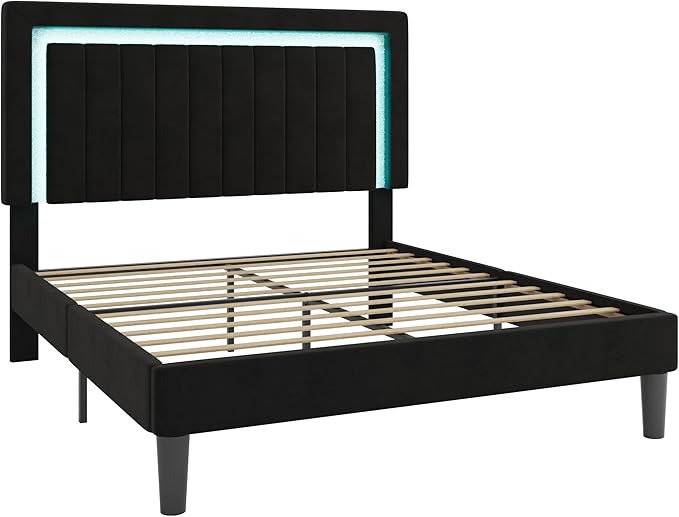 SHA CERLIN Full Size Velvet Bed Frame with LED Light, Adjustable Vertical Channel Tufted Headboard, Strong Wooden Slats Support, Noise-Free, No Box Spring Needed, Black