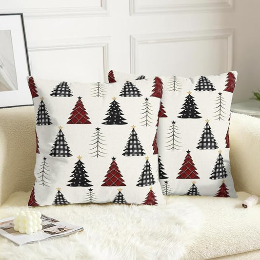 Buffalo Plaid Christmas Tree Pillow Covers 18x18 Set of 2 Red Black and White Xmas Decorative Outdoor Throw Pillow Cases Seasonal Farmhouse Cushion Case Winter Holiday Decor for Sofa Couch