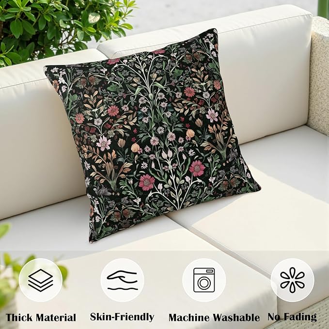 Black Sage Green Floral Pillow Covers 22x22 Set of 2 Vintage Botanica Fern Leaf Throw Pillow Cover Spring Flower Plants Farmhouse Pillowcases for Sofa Couch Home Decor