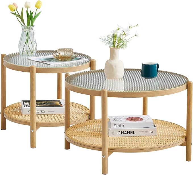 Boho Rattan Coffee Table Set of 2, Round Glass Living Room Table Set, Modern Simple 2 Tier Middle Center Table for Small Space Living Room Bedroom Office Meeting Room