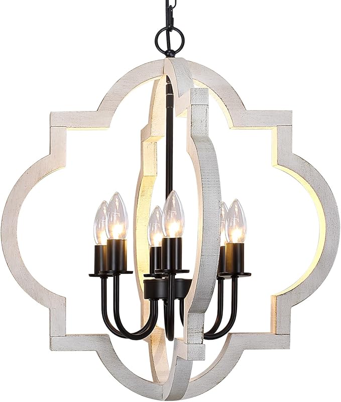 21'' Farmhouse Wood Chandelier, 6-Light Distressed White Dining Room Light Fixture, Adjustable Height Rustic Wood Orb Chandelier for Kitchen Island Foyer Living Room Bedroom Entryway