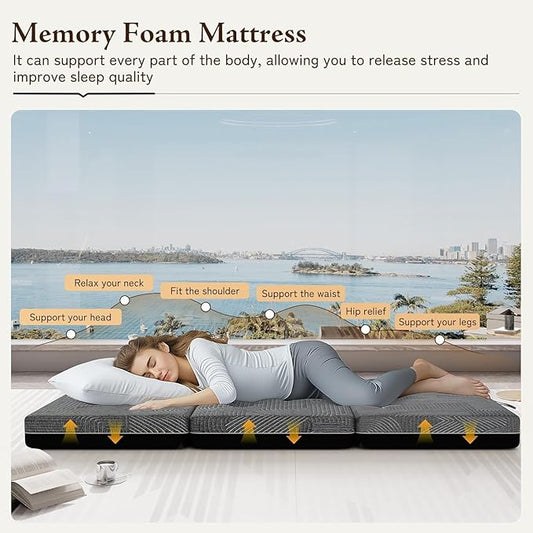 Tri Folding Mattress Twin Size - Memory Foam Tri-fold Mattress, Handle & Non-Slip Bottom, Portable Foldable Sofa Bed Floor Chair for Travel RV Camping Guest Yoga - 4 Inch, 75" 38"x4"