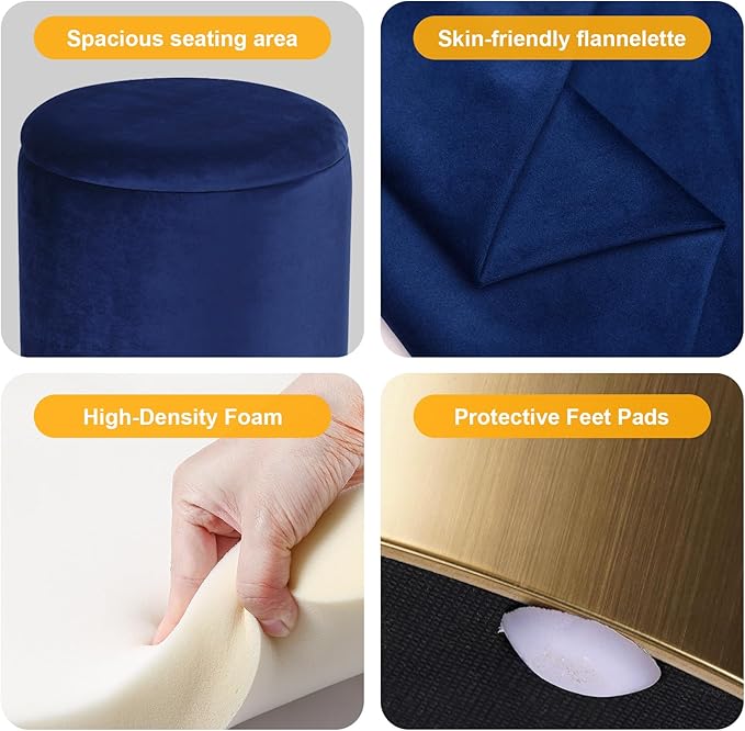 Round Velvet Nesting Ottomans with Spacious Storage set of 2, Upholstered Pouf Footrest with Gold Metal Hoop Accent, Multifunctional Side Table,Vanity Stool for Living Room,Bedroom and Dorm (Blue)