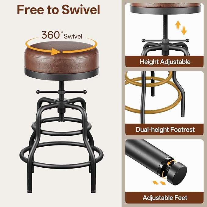 Adjustable Height Swivel Bar Stool, 22-29 Inch Industrial Vintage Bar Counter Height Stool with Thicken Premium Bonded Leather Seat & Updated Footrest, Easy Assembly, Brown