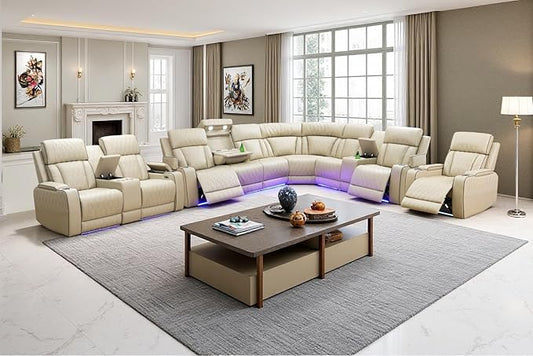 Power Reclining Sectional Sofa Set with LED Light,L Shaped Sofa Leather Sectional Set with 5 Recliner Seats,Modular Couch and Loveseat with USB Port,Cup Holder for Living Room Furniture