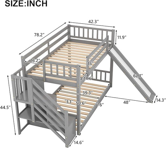 Twin Over Twin Bunk Bed with Slide and for Storage Staircase for Teens, Boys or Girls, No Box Sping Needed