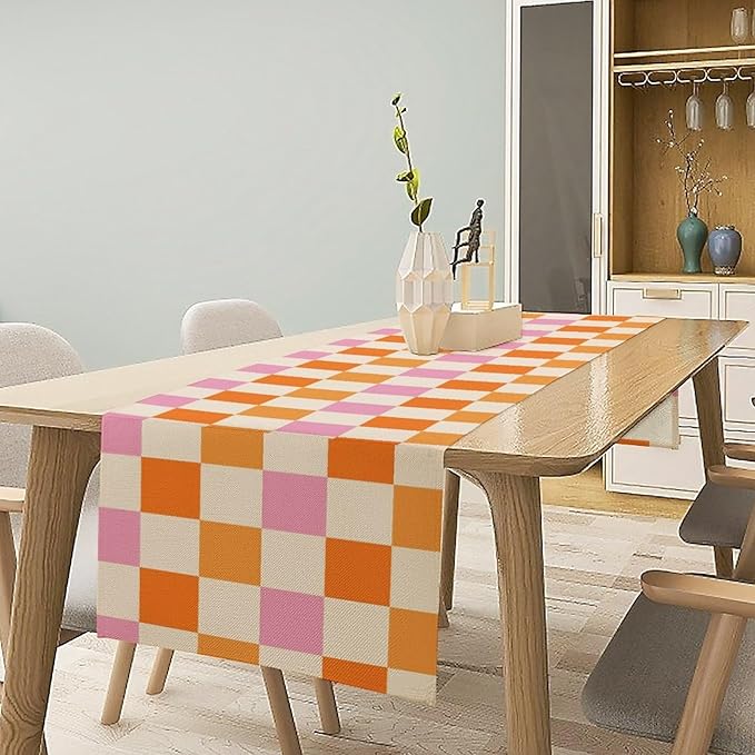 Hippie Table Runner Vintage Geometric Square Grid Yellow Orange Pink 1960s 1970s Retro Country Farmhouse Dinner Runner for Living Room Kitchen Party Holiday Dinner Home 13x60in