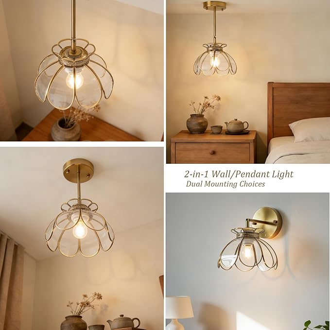 Vintage Brass Ceiling Pendant Light with Stained Lotus Flower Clear Glass Shade, Oriental Hanging Lamp or Wall Sconces Dual-Purpose, for Kitchen Island Dining Room Bedroom Living Room-7.9" Shade