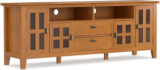 SIMPLIHOME Artisan TV Stand - 72 inch Wide Solid Wood Media Console in Honey Brown, Contemporary Entertainment Center for Living Room for TVs up to 80 Inches with Glass Cabinets and Cable Management