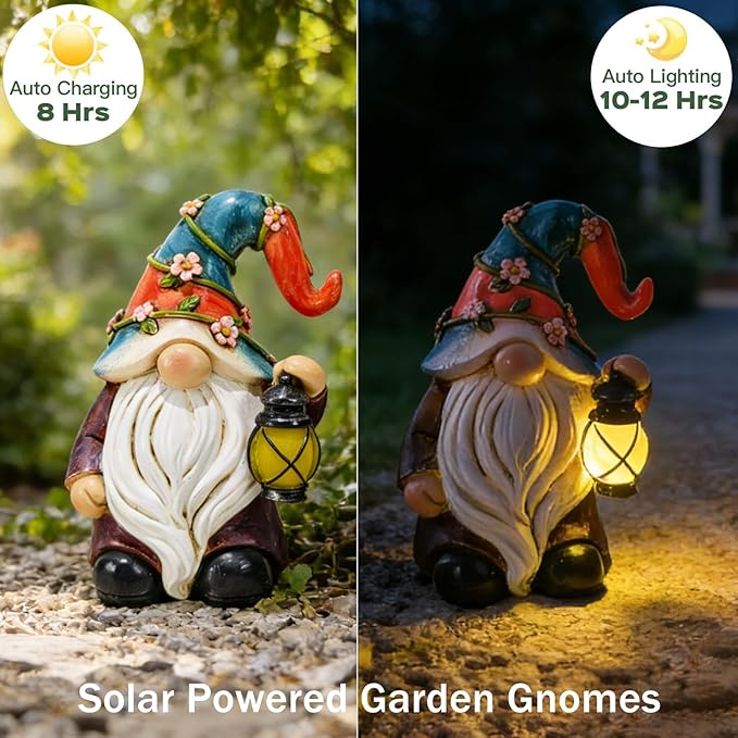 Garden Gnomes Statues with Solar LED Light - Mini 4.9 inch Gnome Sculptures for Porch Balcony Patio Yard Lawn Balcony Home Decor Mother's Day Birthday Gifts for Women