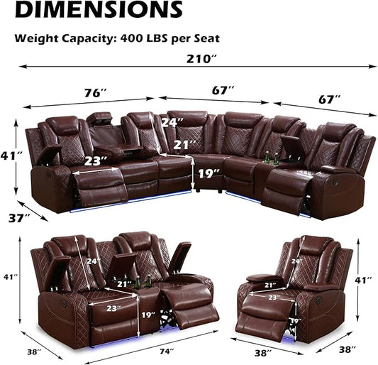 Leather Power Recliner Sectional Sofa Set with LED Light,L Shaped Leather Couch Set with 5 Recliner Seats,Modular Sofa with USB Port for Living Room Furniture(Red,Sectional+Loveseat+Chair)