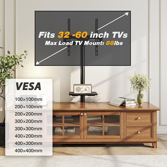 TVON Floor TV Stand with Shelf, TV Mount Stand for 32-60 inch TVs up to 88 lbs, Swivel TV Stand Mount with Height Adjustment and Safety Wood Base for Office, Corner, Max VESA 400x400mm