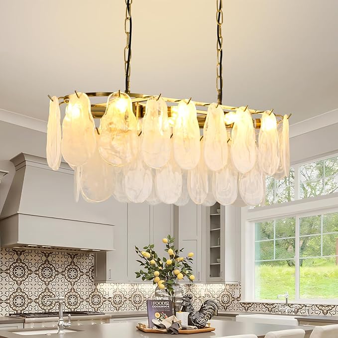 Gold Rectangle Chandeliers for Dining Room Modern Island Light Crystal Cloud Glass 8-Light Chandelier 2 Tier Rectangular Linear Pendant Hanging Ceiling Light Fixture for Kitchen L31.5” (E12)