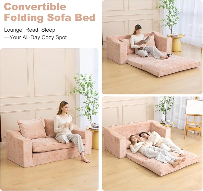 61" Convertible Sofa Bed Loveseat, Memory Foam Boneless Floor Couch with Removable Plush Velvet Cover, Tri-folding Compact Full-size Sleeper for Small Living Room, Playroom, Guest Room, RV (Pink) | Convertible Sofa Bed, Premium Memory Foam, Ergonomic D...