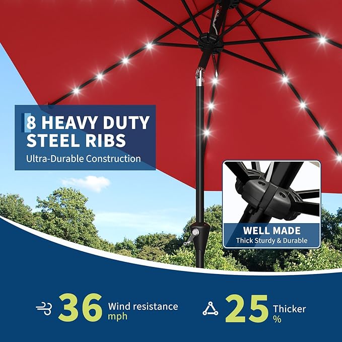 Garvee 10FT Solar Patio Umbrella with 32 LED Lights - Outdoor Table Umbrella with Crank Lift, Push Button Tilt and 8 Sturdy Ribs - Market Umbrella UV Protection for Pool, Deck, Yard, Garden -Red