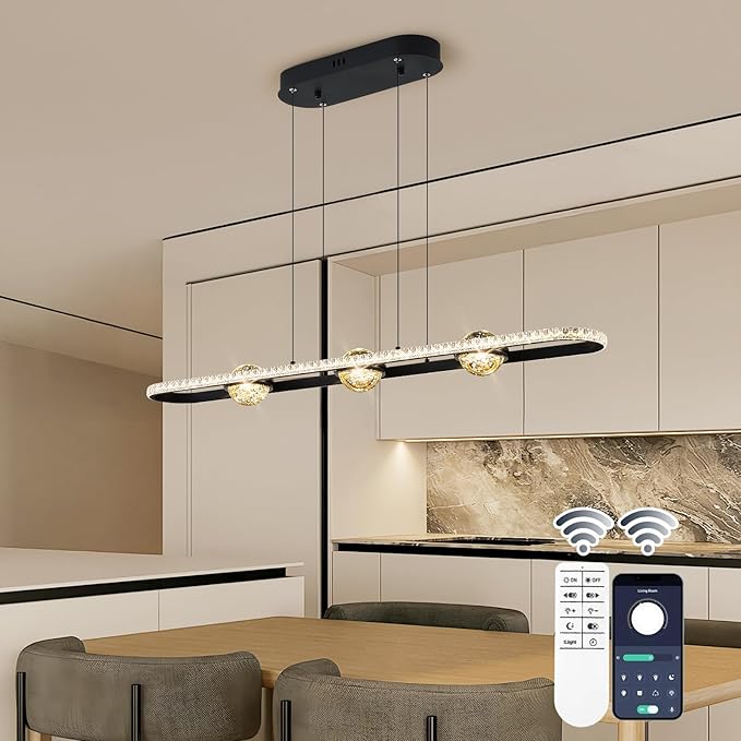 Modern LED Pendant Lights, Dimmable 39in Crystal Globe LED Rectangle Chandelier Lighting, Linear Black Dining Room Hanging Light Fixtures Kitchen Island Pendant Light Over Dining Table, 40W