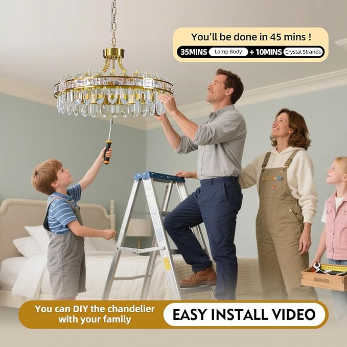 Gold Round LED Crystal Chandelier for Dining Room - 21.6" Luxury 3 Colors Stepless Dimmable Chandeliers,Modern Adjustable Height Pendant Ceiling Light Fixture for Living Room Foyer With Remote Control