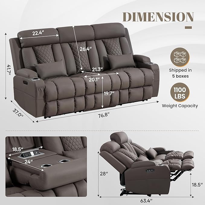 Zero Wall Hugger Power Reclining Sofa with Adjustable Headrest, Electric Reclining Couch with Drop-Down Table,Outlets, Power Loveseat Recliner Sofa for Living Room (PU Brown, 3 Seat) | Cat-Proof Leather